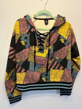 By DISNEY. Lace-Up Patchwork Print Hoodie Sweater - TIM BURTON